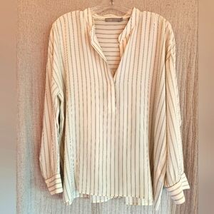 Vince Matte Silk Striped Band Collar Long Sleeve Blouse Size Medium